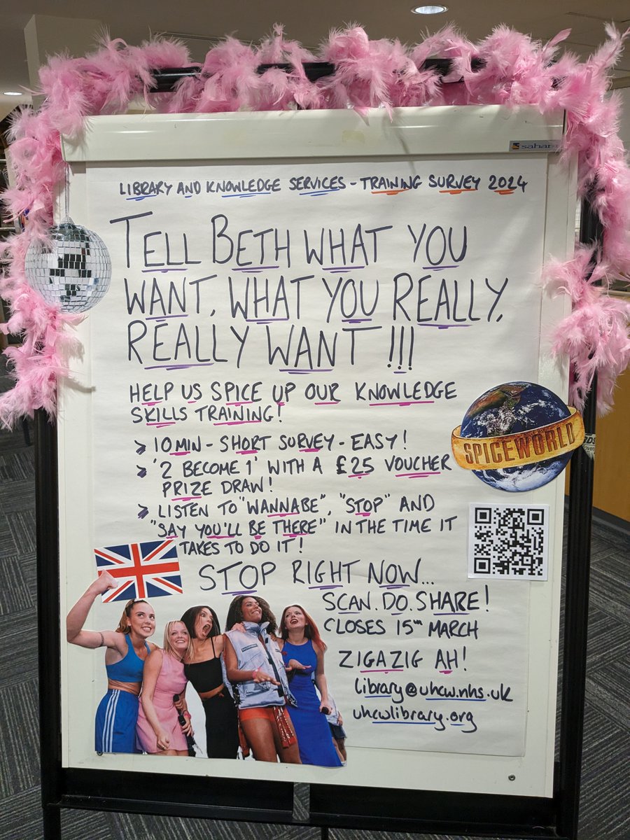 UHCWLibrary's tweet photo. "Tell Beth what you want, what you really, really want!"

@nhsuhcw colleagues!

It's the last week of our knowledge skills training survey and prize draw!

Click. Do. Share!

https://t.co/ljycKmPdrL https://t.co/56TMzWOU4K