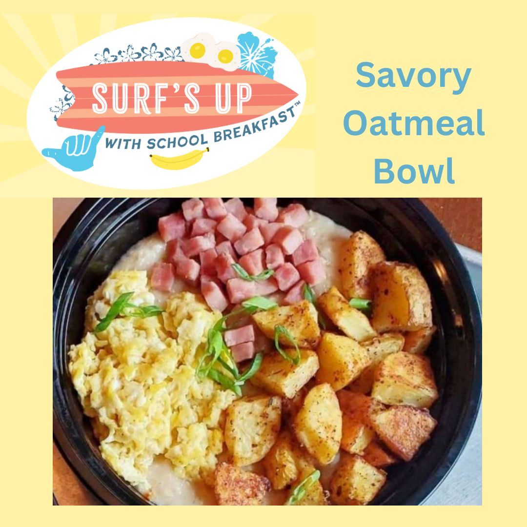 Savory Oatmeal Bowl 
Eggs, potatoes, and ham or sausage served on top of savory cheddar oats for an tasty and filling breakfast. #K12Recipes @ChefRebeccaK12 #NSLW24
buff.ly/3uV6hFC