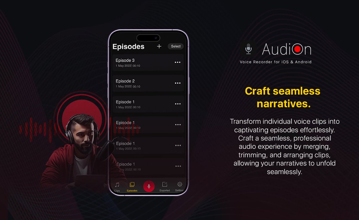 With AudiOn, storytelling becomes a breeze, one clip at a time. 🎙

#ContentCreation #podcasting
