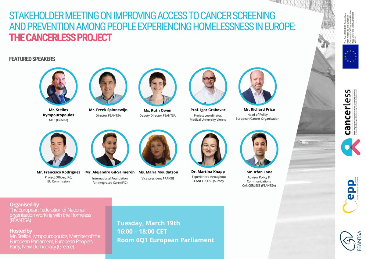 Don't miss the event 'Improving access to cancer screening and prevention among homeless people', organised by @FEANTSA and MEP @Kympouropoulos We look forward to seeing you on 19 March, 16:00-18:00 CET, at the European Parliament ➡️cancerless.eu/improving-acce…