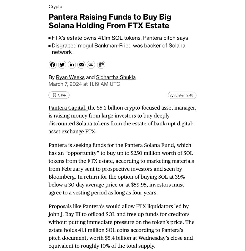 sunil_trades's tweet photo. Pantera is raising funds to acquired FTX discounted Solana tokens 

FTX estate owns 41.1m Solana tokens which should be distributed to FTX creditors 

Solana price = $140

FTX is selling them for $59.95

Does UCC want to give 57%+ discount to investors rather than FTX customers? https://t.co/1pDYYOR4Y1