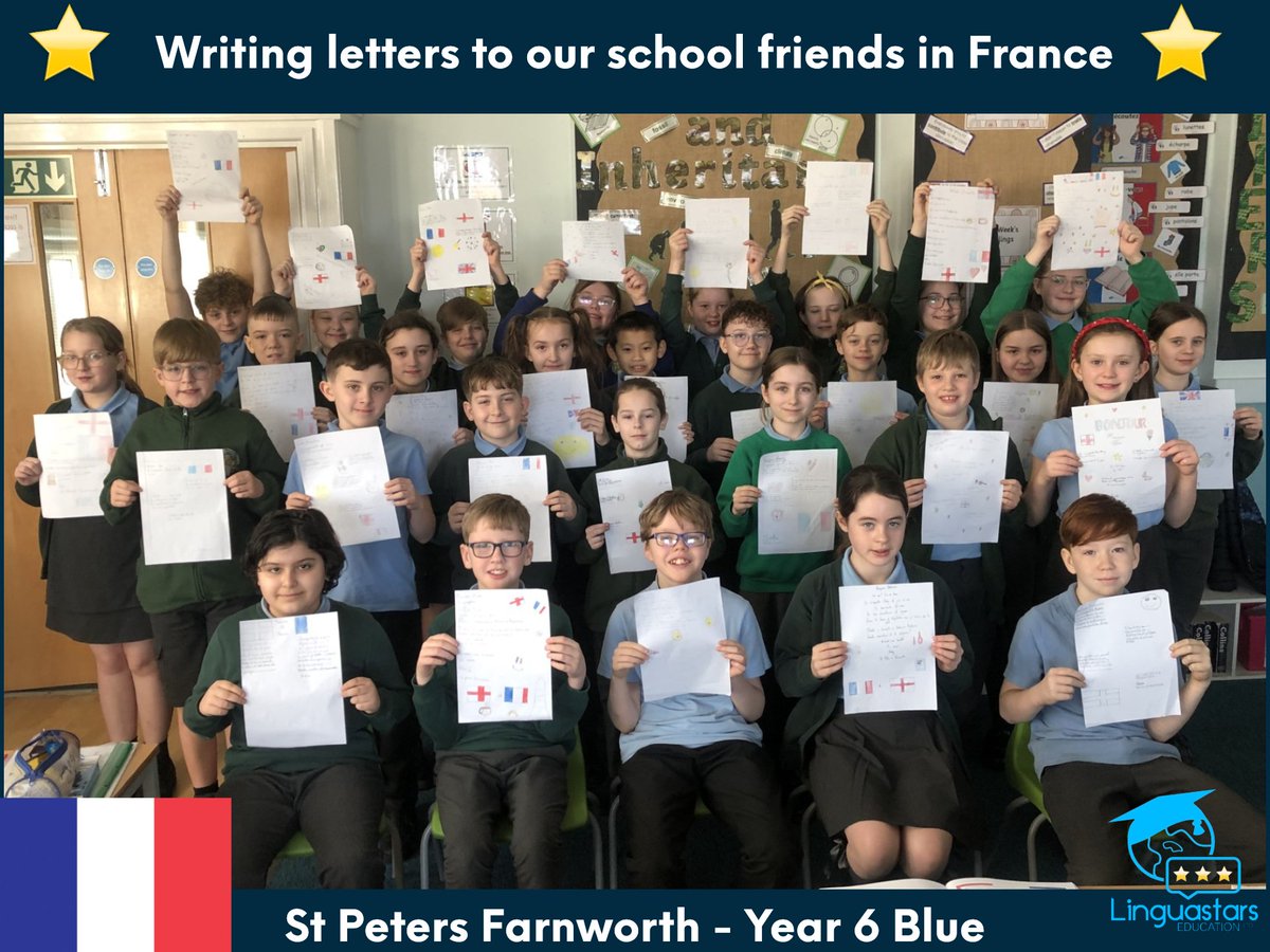 Year 6B at @stpetersfarn have finished their letters and they are about to be sent to our friends in France! A great way to reflect on previous learning and topics, whilst connecting ourselves to the wider world around us! 🗺️📩🇫🇷 #edutwitter #teachertwitter #languages