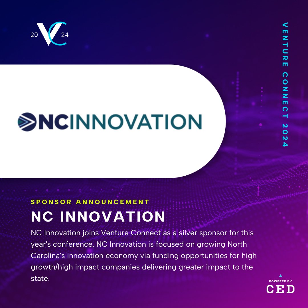NCInnovation joins Venture Connect as a silver sponsor. NC Innovation is focused on growing North Carolina's innovation economy via funding opportunities for high growth/high impact companies delivering greater impact to the state.

Join us! cednc.org/venture-connec…