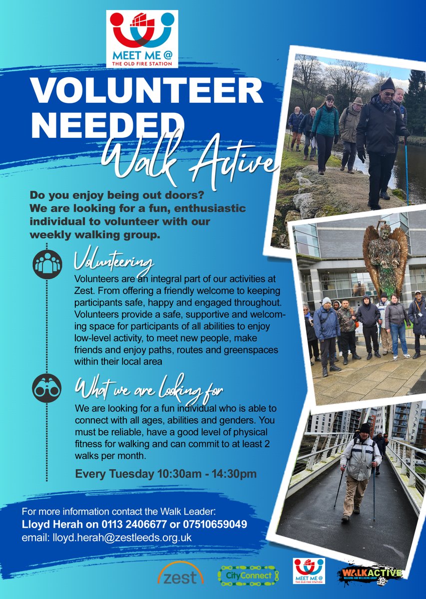 We're looking for a volunteer who loves being outdoors with other people to help out on our Walk Active group at least twice a month 👟 Could this be you? Get in touch with Lloyd through the contact details listed if you're interested! #leedswalks #activeleeds #leedscharity