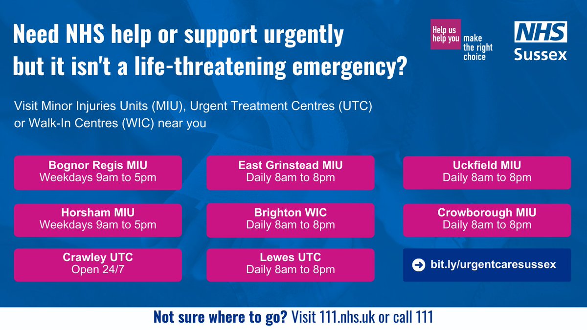 Need urgent medical support but it's not a life-threatening emergency? Help keep our A&E and Emergency Departments free for those who need them. Visit a Minor Injury Unit, Urgent Treatment Centre or Walk-In Centre near you. sussex.ics.nhs.uk/your-care/loca…