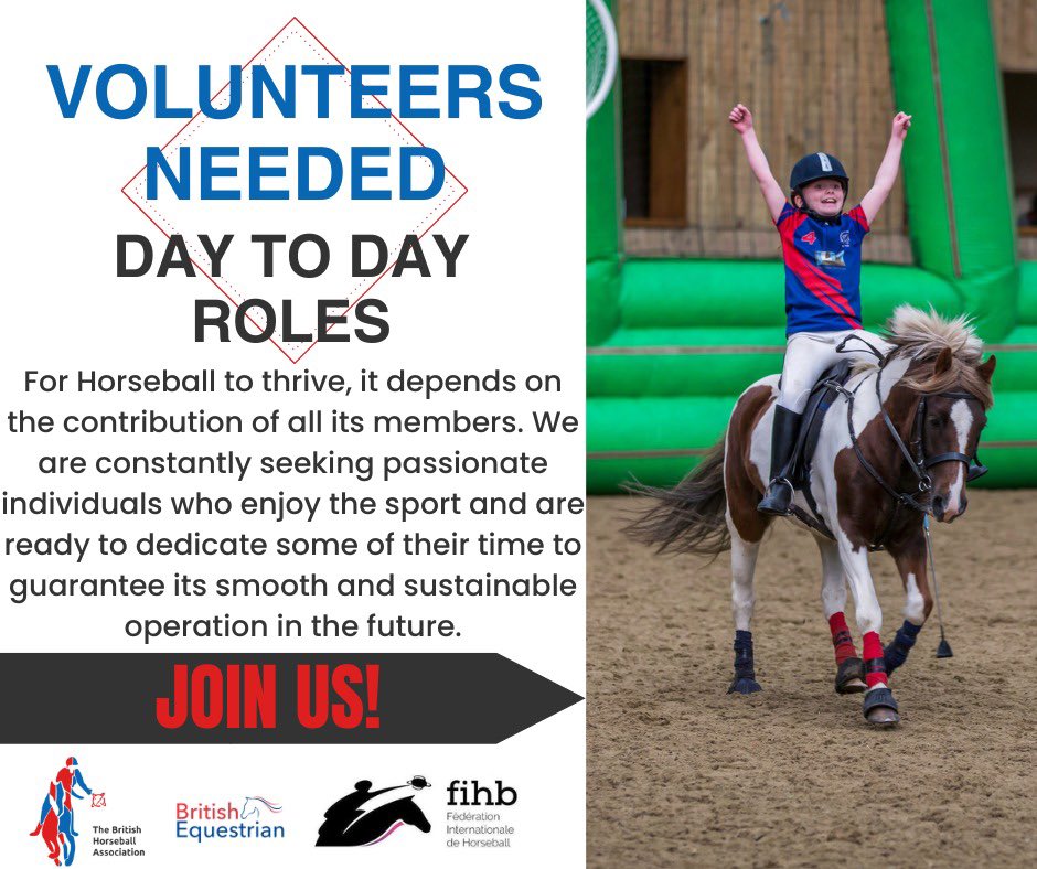 🐴⚽️ VOLUNTEERS NEEDED🐴⚽️
Are you a dedicated parent, a keen friend, a budding supporter or an enthusiastic player who would be willing to help with the running of the BHA? JOIN US! 🤩 DM for info!
#Horseball #TheFutureIsHorseball #ForTheLoveOfTheSport #Volunteering