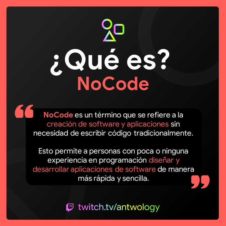¡Antwologyers! ¿Sabéis qué es #NoCode? 🤔

Este mes de marzo hablaremos sobre ello en los dos programas que tendremos en Twitch. Pero os dejamos un poquito de información sobre NoCode en la siguiente imagen 😎

Aprende con nosotros en nuestras RRSS y en 👉🏻 twitch.tv/antwology