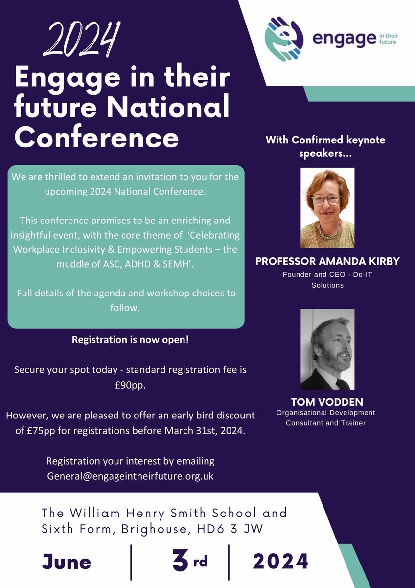Our Early bird price of £75pp has been extended until 31/03

This conference combines esteemed keynotes with practical workshops and lived experiences of young people

Register your interest at General@engageintheirfuture.org.uk

#education #semh #autism #adhd #neurodiversity