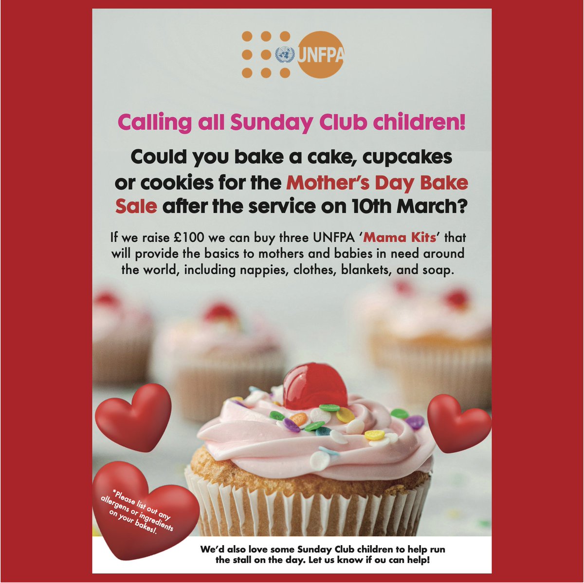 This Sunday... special ALL AGE Mothering Sunday service, followed by a cake sale raising money for mother's in some of the hardest situations around the world