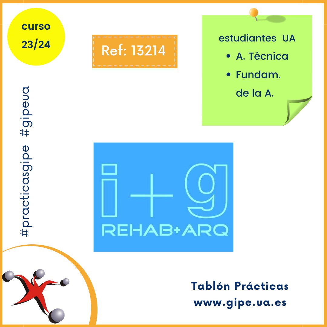GIPE (@gipeua) on Twitter photo Tablón de ofertas de Prácticas:
Estudiante Grado Arquitectura, Arquitectura Técnica (Alicante)
gipe.ua.es/es/tablon-de-o…
<a href="/EPSAlicante/">EPS Alicante</a> <a href="/DEEPSUA/">Delegación de Estudiantes EPS UA</a> <a href="/uarqalicante/">uarq_Arquitectura Alicante</a> <a href="/REuarq/">REuarq</a> <a href="/DE_AT_EPSA/">Delegación AT UA</a> <a href="/UA_Universidad/">Universidad de Alicante UA</a> #practicasgipe #gipeua #UA Tablón de ofertas de Prácticas:
Estudiante Grado Arquitectura, Arquitectura Técnica (Alicante)
gipe.ua.es/es/tablon-de-o…
<a href="/EPSAlicante/">EPS Alicante</a> <a href="/DEEPSUA/">Delegación de Estudiantes EPS UA</a> <a href="/uarqalicante/">uarq_Arquitectura Alicante</a> <a href="/REuarq/">REuarq</a> <a href="/DE_AT_EPSA/">Delegación AT UA</a> <a href="/UA_Universidad/">Universidad de Alicante UA</a> #practicasgipe #gipeua #UA