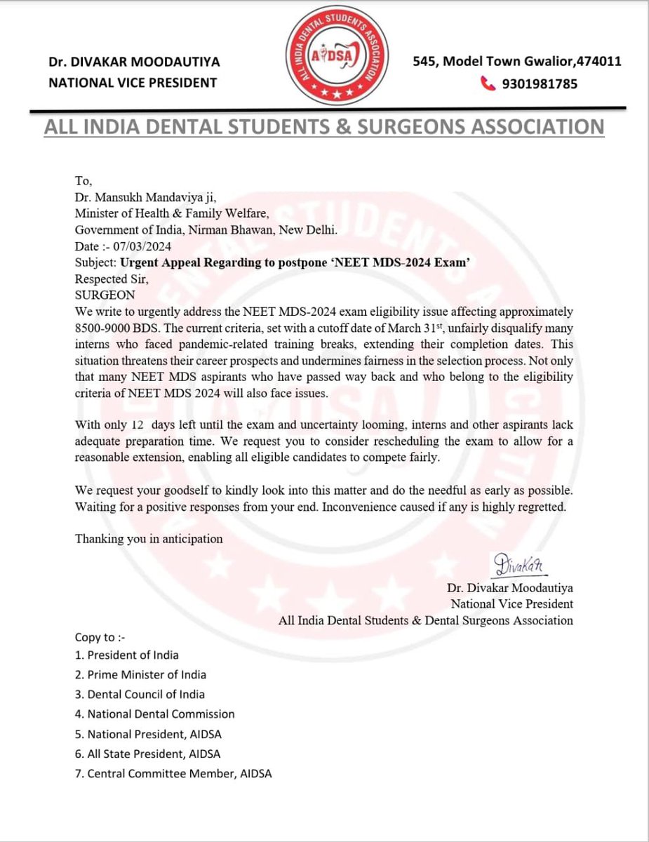 moodautiya's tweet photo. NEET MDS 2024 postponed.                         #neetmds2024postponed #PMOIndia #drmansukhmandaviya #dci #aidsa #allindiadentalstudentsanddentalassociatio @narendramodi @JM_Scindia @AmitShah @mansukhmandviya @PMOIndia_RC @BJP4India @INCMP @vdsharmabjp @ChouhanShivraj https://t.co/YYhS3O3LKx