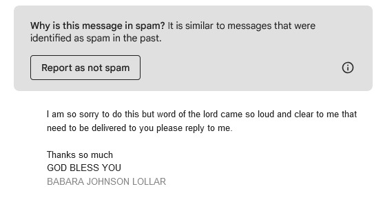This was an excellent email in my spam folder today... 'I am so sorry to do this but word of the lord came so loud and clear to me that need to be delivered to you please reply to me.'