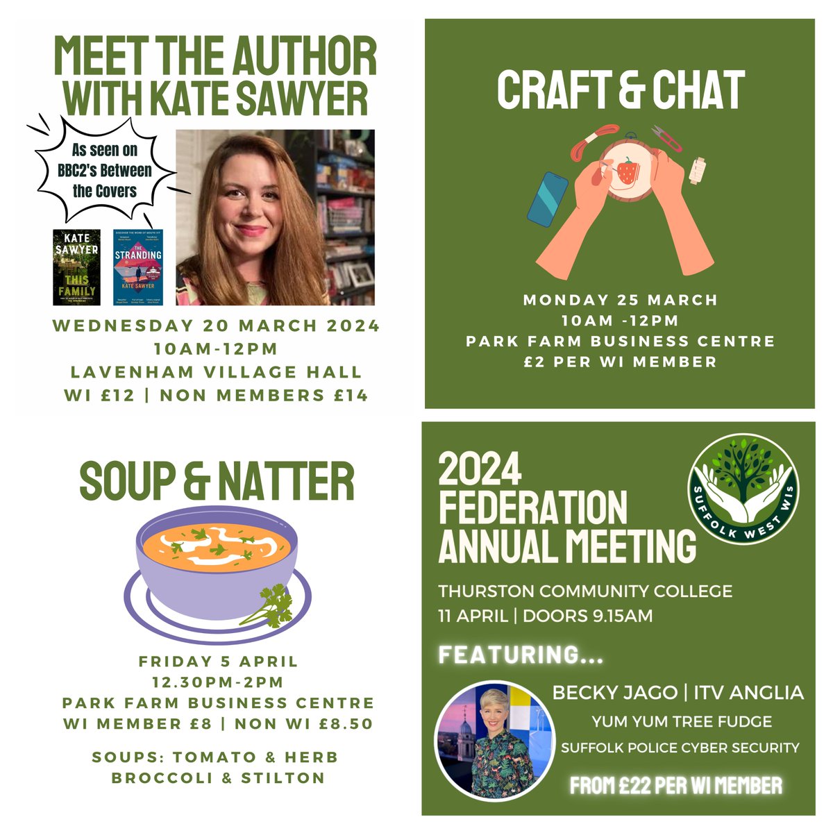 COMING UP!! 📚 Meet the Author with @KateSawyer | 20 March 🧵 Craft & Chat | 25 March 🍲 Soup & Natter | 5 April 🪩 2024 Federation Annual Meeting | 11 April Visit swfwi.org.uk/whats-on for more information