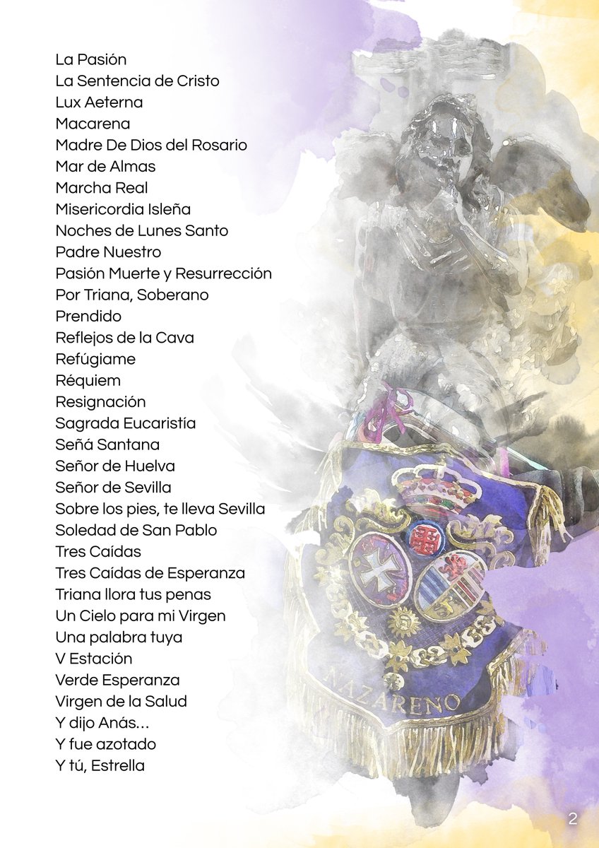 🎼 REPERTORIO PARA NUESTRA SEMANA SANTA

Os presentamos nuestro repertorio oficial para la Semana Santa de 2024. Un repertorio compuesto por marchas clásicas, del repertorio de Tres Caídas de Triana y de las Cigarreras, además de un nutrido repertorio propio.