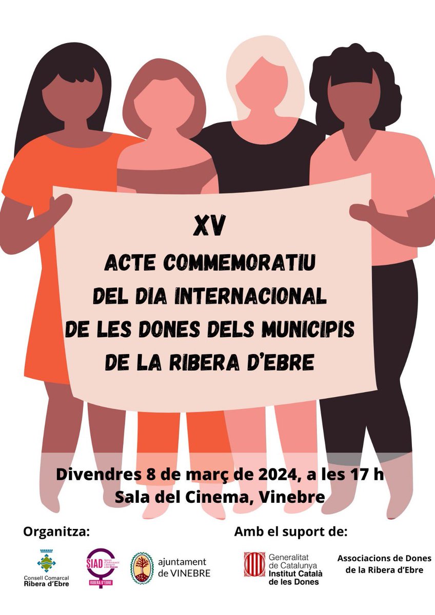 Consell Comarcal de la Ribera d’Ebre (@ccriberaebre) on Twitter photo 🟣 XV Acte commemoratiu del Dia de les Dones dels municipis de la Ribera d’Ebre
📆 Divendres, 8 de març 
🕘 17 hores
📍Vinebre, Sala del Cinema
#8M #8M2024 #DiaInternacionalDeLesDones #RiberadEbre 🟣 XV Acte commemoratiu del Dia de les Dones dels municipis de la Ribera d’Ebre
📆 Divendres, 8 de març 
🕘 17 hores
📍Vinebre, Sala del Cinema
#8M #8M2024 #DiaInternacionalDeLesDones #RiberadEbre