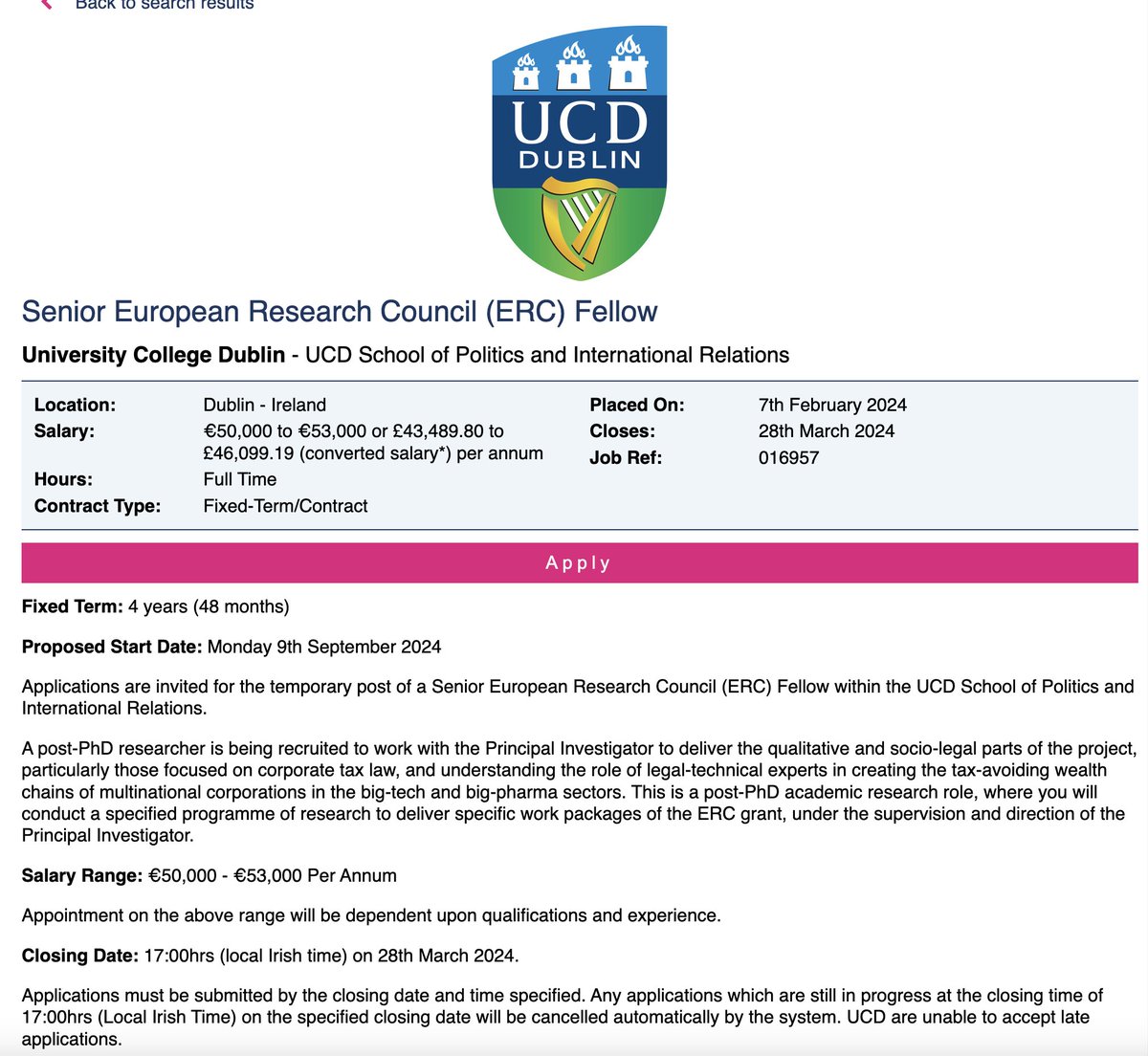 🛎️ 4-year senior ERC postdoc position @ucddublin @ucdpolitics ⏰ Deadline March 28th. 👓 Expertise in corporate tax. ℹ️Detailed job specification 👇 docs.google.com/document/d/12F… Please share widely! jobs.ac.uk/job/DFV121/sen…