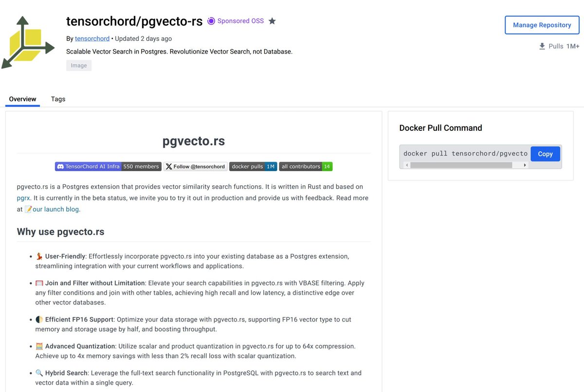 Our Vector Search Extension in Postgres, @TensorChord pgvecto.rs, Reaches 1 Million Docker Pulls! 🎉 #GenerativeAI #vectordatabase