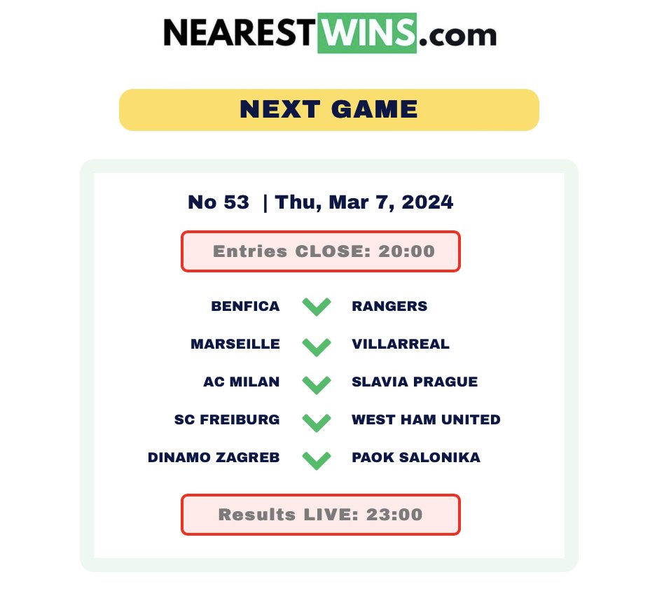 nearest_wins's tweet photo. Today's game #football fans! #soccerlife #footballgames #BenficaFC #RangersFC  #marseillefc #Villarreal #ACMilan  #SlaviaPraga  #scfreiburg  #WestHamUnited #DinamoZagreb #PAOKSALONIKAfc #nearestwins PLAY NOW! Link in bio. https://t.co/NDLOHo6aeV