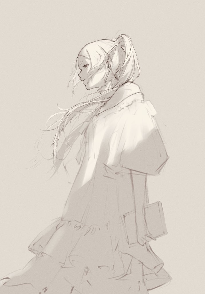 frieren 1girl solo monochrome long hair holding dress pointy ears  illustration images