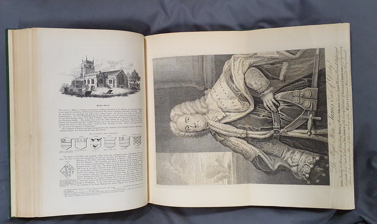 As it's #WorldBookDay, here's a look at 1 of our Special Collection favourites, Matthew Gregson's Portfolio of Fragments, 3rd Edition, 1869. Shown here: #Huyton Church & a foldout portrait of the Rt Hon James, Earl of Derby #Reading #Books #ExploreYourArchive #research #Knowsley
