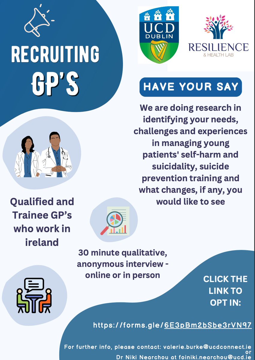 Are you a #GP/GP in training? Then check our study: We want your views/experience on GPs training needs/challenges in managing young patients who #selfharm /with suicidal behaviours. Click to learn more forms.gle/6E3pBm2bSbe3rV… #DClin @UCDPsychology Please RT!