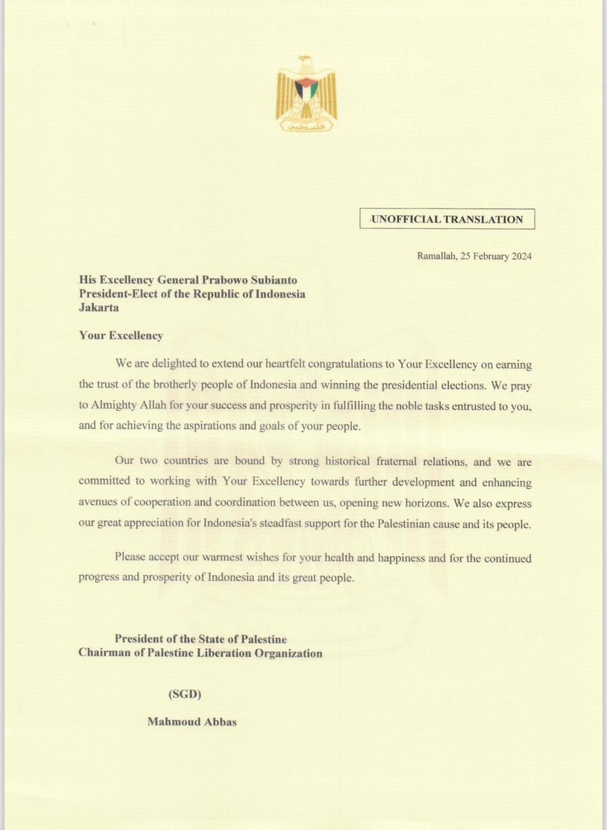 Sebuah kehormatan bagi saya menerima ucapan selamat atas hasil sementara Pemilu dari Presiden Negara Palestina, Yang Mulia Mahmoud Abbas. 

Masyarakat Indonesia selalu bersama Palestina dalam masa tersulitnya dan akan terus mendukung perjuangan rakyat Palestina untuk meraih