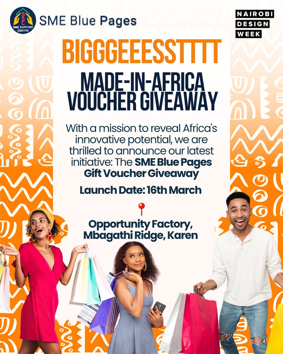 smeblupages's tweet photo. 🔥 THE SME BLUE PAGES GIFT VOUCHER GIVEAWAY🔥
Join us at the #NDW2024 as we launch the biggest Made In Africa Voucher Giveaway.
@nairobidesign_
#MadeInAfrica #Africa #NairobiDesignWeek2024 #WeGotThis https://t.co/gJiEcufny1