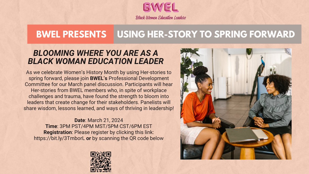 As we celebrate Women's History Month by using Her-stories to spring forward, please join #BWEL's Professional Development Committee for our March panel discussion. Date: March 21st Time: 6 pm EST Register here: bit.ly/3TmborL Questions: Contact @Wilson1Sheila.