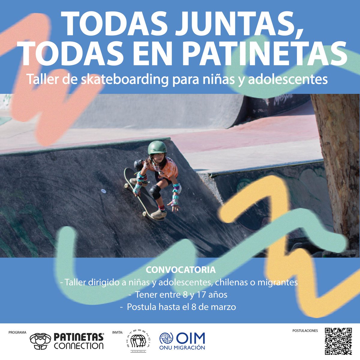 ¡Participa del Taller Todas juntas, todas en patineta! 🛹👧

Estos talleres buscan crear comunidad a través del skateboarding 🌱

✅Dirigido a niñas y adolescentes chilenas o migrantes entre 8 y 17 años
🗓️Plazo postulación: 8 marzo
🔗Link postulación: tinyurl.com/2djdat2y