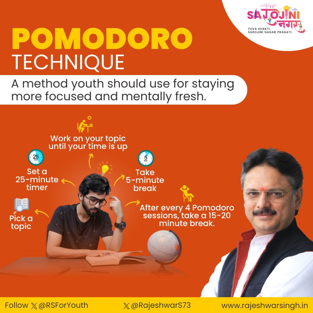 The Pomodoro Technique empowers youth with focused work intervals and breaks, enhancing productivity, preventing burnout, and fostering time awareness in a world filled with distractions.

#ProductivityHacks #rsforyouth #FocusOnGoals #TimeManagement #PomodoroTechnique…