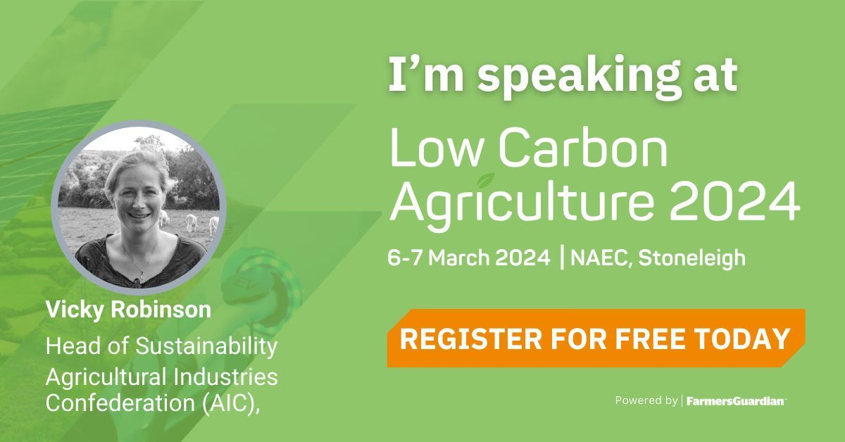 Today at the Low Carbon Agriculture Show (@lowcarbonagri), AIC's Head of Sustainability @VickySRobin will share agri-supply sector's role in sustainable food production. She's part of the Climate Friendly Food Production session from 15:10 in the Environmental Business Theatre.