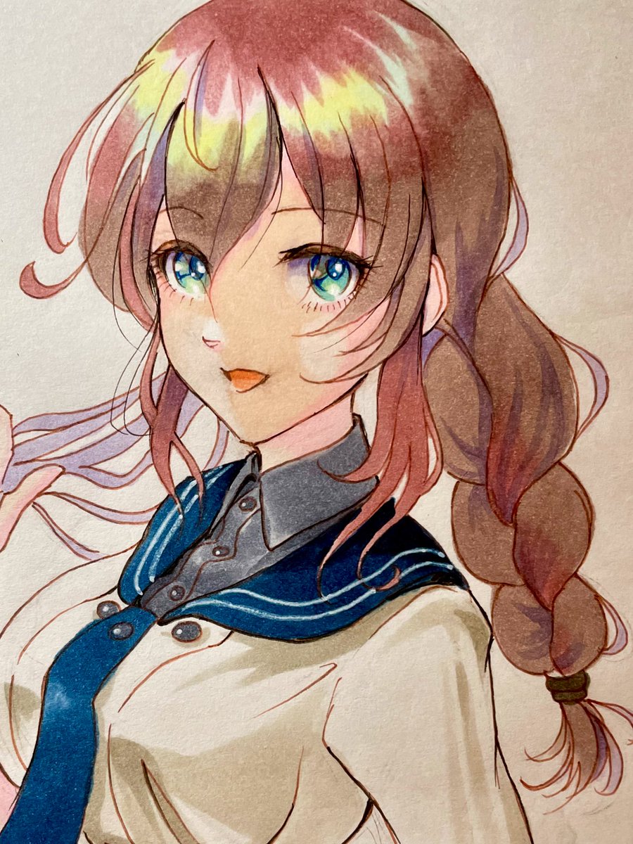 noshiro (kancolle) 1girl solo braid brown hair upper body sailor collar shirt  illustration images