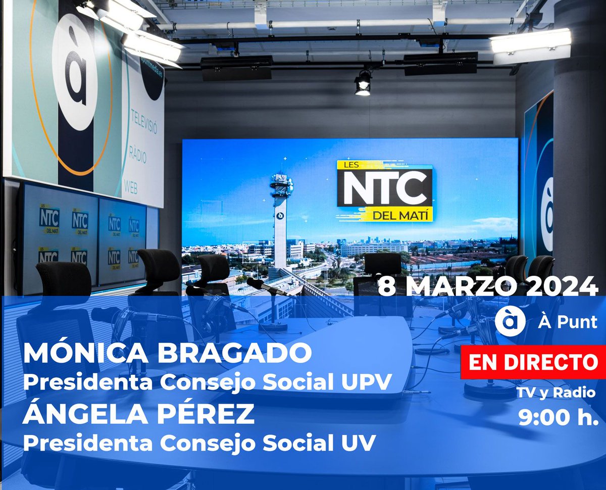 UPV's tweet photo. #8marzo #8març

💜 Amb motiu de la celebració del Dia Internacional de la Dona, la presidenta del @CSocialUPV, @BragadoMonica participarà demà divendres en @apuntnoticies.

En directe des de les 9:00 h ací ➡ https://t.co/pAJ1x6wloC https://t.co/eX2uKgD1Hd