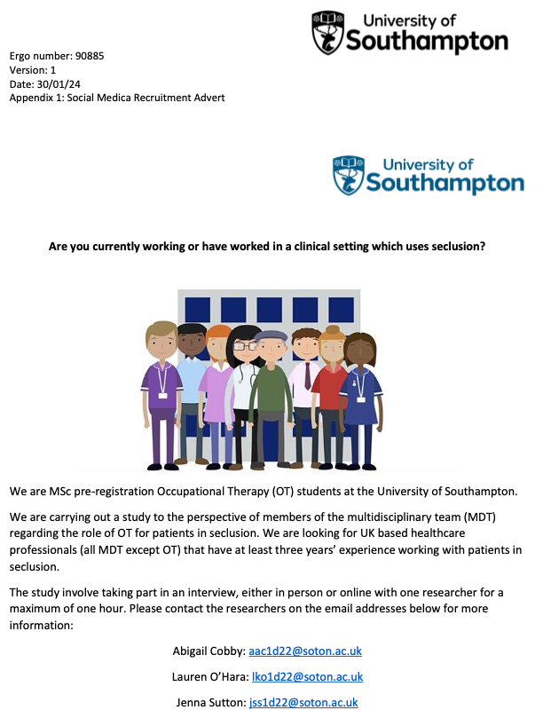JennasuttonX's tweet photo. Hi everyone! 
Part of my MSc Occupational degree project, I am undertaking research into the use of Occupational Therapy in environments that use seclusion. 

Please see recruitment poster for an interesting study involving the use of OT's currently working in clinical practice. https://t.co/zTNDoTZQ6e