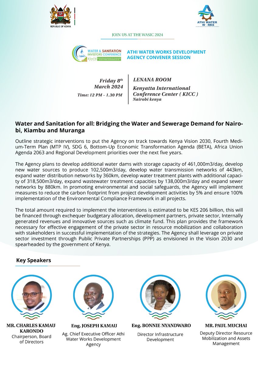 AthiWaterWorks's tweet image. Join us at the Water and Sanitation Investors Conference for a convener session outlining strategic interventions aligned with Kenya Vision 2030, MTP IV, SDG 6, BETA, AU Agenda 2063, and regional development priorities over the next 5 years. #WaterInvestmentKE #WASIC2024