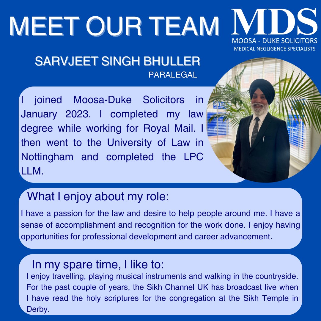 moosa_duke's tweet photo. For the latest in our #MeetTheTeam series, meet Sarvjeet Bhuller, one of the newest members of our team. Sarvjeet joined Moosa-Duke Solicitors as a Paralegal last year #TeamMDS #Paralegal #Legal https://t.co/H6KU6c027c