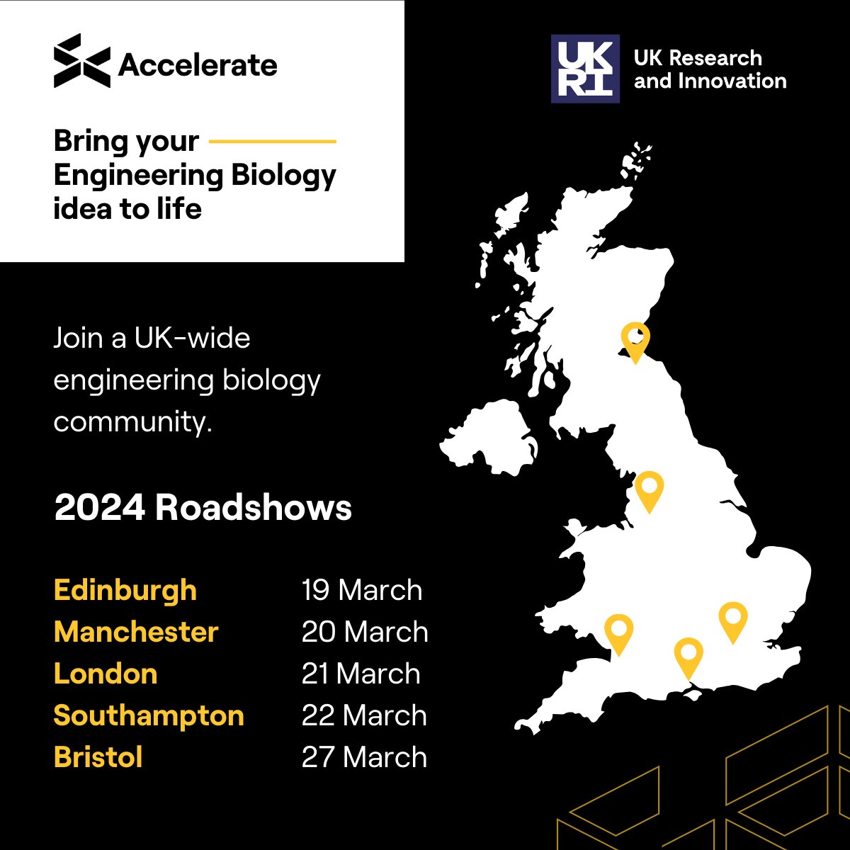 Our free EngBio roadshows start in 2 weeks! Join us in Edinburgh, Manchester, London, Southampton or Bristol if you want to hear more about our Accelerator or join a national network of engineering biologists. More info: accelerate.sciencecreates.co.uk #EngBio #startup #accelerator