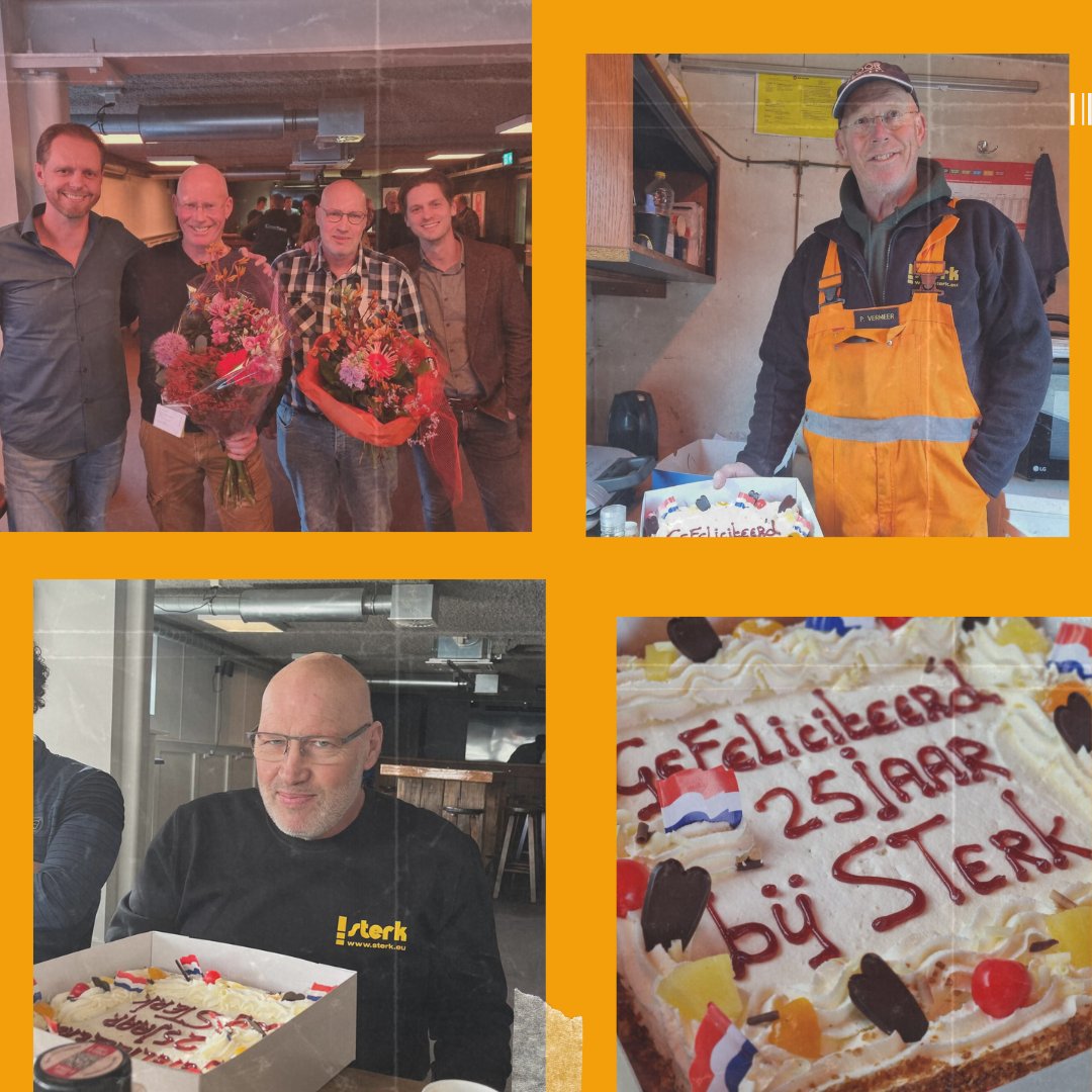 Dubbel feest! Want vorige week mochten we maar liefst twee jubilea vieren. Piet en Tijmen waren toen 25 jaar in dienst bij Sterk.

Wij kennen ze bovendien als behulpzame en hartelijke collega’s.. Gefeliciteerd met deze mijlpaal, en bedankt voor alle toewijding en inzet!
