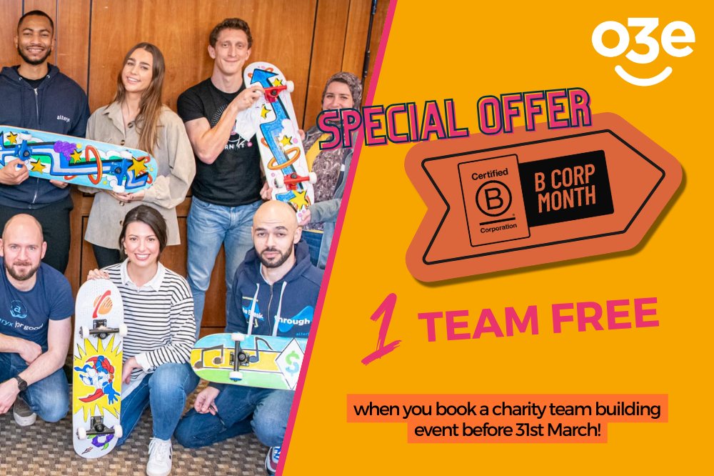 Get even more people involved in charity team building this #BCorpMonth! 🎉 🌎 💜

Until 31st March, enjoy an additional team free when you book a new <a href="/o3e/">lulz</a> event! 

Visit: o3e.co.uk