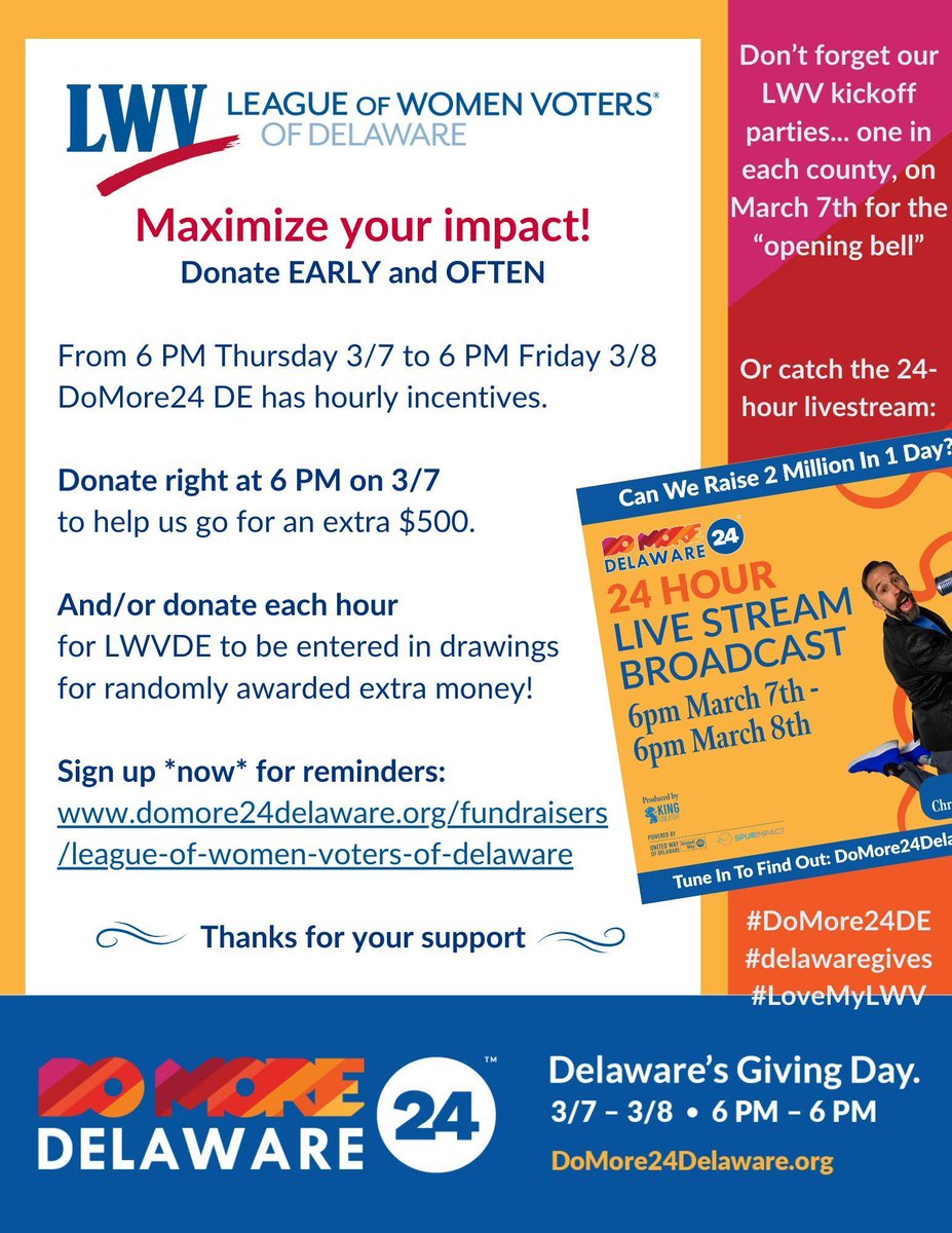 Today's the day! The #DoMore24DE giving period is from 6pm on Thurs 3/7 to 6pm on Fri 3/8. Give EARLY and OFTEN to trigger hourly incentives! Live LWV kickoff party now in NCC only. #delawaregives #LoveMyLWV #giveearlyandoften @SpurImpact @UnitedWayDE domore24delaware.org/fundraisers/le…
