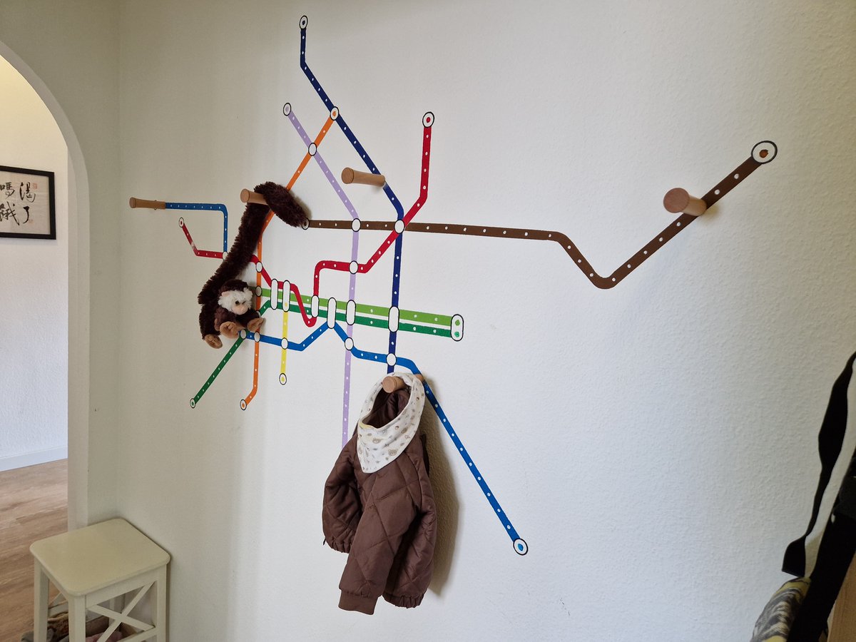 Sylvia Zhu (@gammaraywurst) on Twitter photo Our recent project: the Berlin U-Bahn map as a backdrop for coat hooks. Most of the painting was done in one Saturday under the supervision of our art director, my SIL, without whom this would never have gotten off the ground.
Thanks to <a href="/BVG_Kampagne/">Weil wir dich lieben</a> for the inspiration. Our recent project: the Berlin U-Bahn map as a backdrop for coat hooks. Most of the painting was done in one Saturday under the supervision of our art director, my SIL, without whom this would never have gotten off the ground.
Thanks to <a href="/BVG_Kampagne/">Weil wir dich lieben</a> for the inspiration.