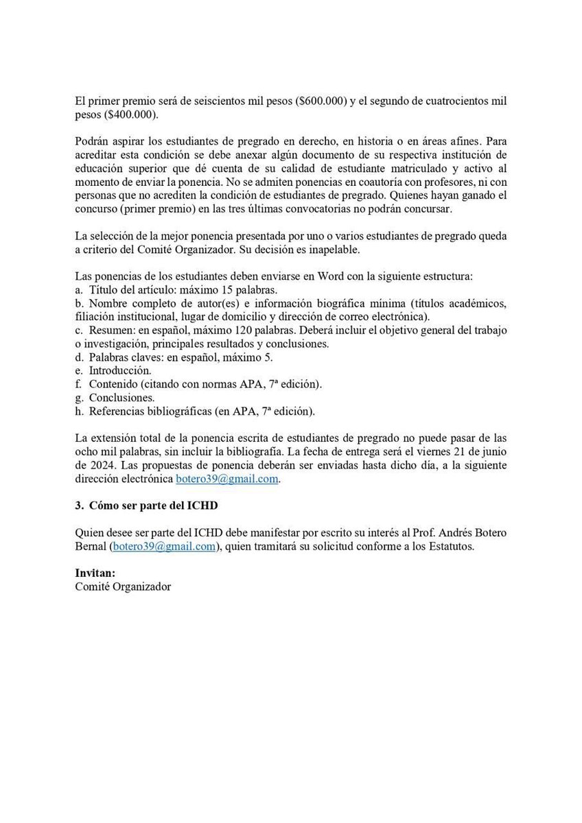 Invitamos a participar en el concurso que premia a las mejores ponencias de estudiantes en el Encuentro del Instituto Colombiano de Historia del Derecho (ICHD), que realizaremos con la <a href="/UnabDerecho/">DerechoUNAB</a> en Bucaramanga.
Inscripción de ponencias: docs.google.com/file/d/1d4mdlS…