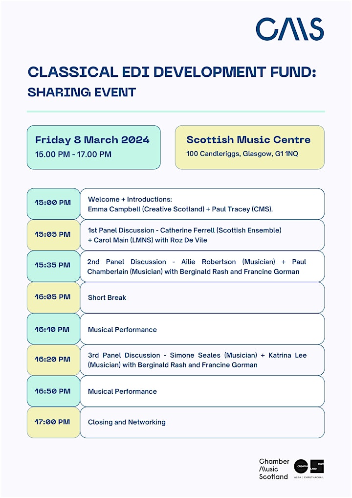 TOMORROW @CreativeScots @chambermusicsct at ours @scottishmusic for Classical EDI Development Fund Sharing Event featuring guests @katrinaleevln @ScotEnsemble @AilieRobertson @LiveMusicNowSCO @myceilidh @Bergique @francinegorman FREE tickets ➡ eventbrite.co.uk/e/classical-mu…