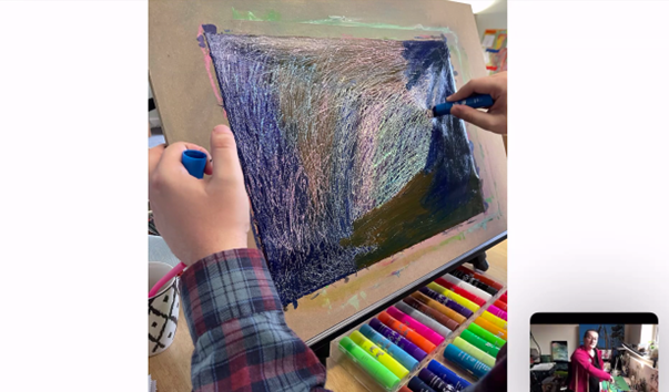 CaitlinKSense's tweet photo. Another brilliant series of Tanya's Online Art Club supported by @sensecharity 
@AD_Tanya_Sense shared some examples of how non-verbal artist Ross approaches the paint stick material as part of her mentorship. This inspired other members of the group to work in this way. https://t.co/BHEDLXkNxx