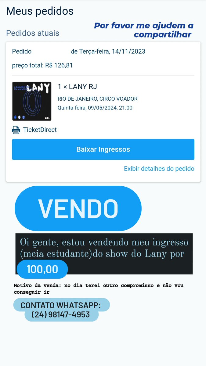 las_luiza's tweet photo. @duda_wippel Amg, se vc conhecer alguém q tá querendo comprar ingresso me avisa 🙏 https://t.co/NW43eIq3aV