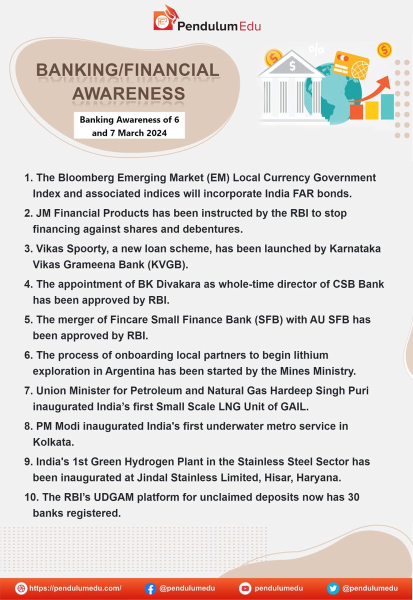 pendulumedu's tweet photo. Read Latest Banking, Financial, and Economic Awareness of 6 and 7 March 2024
https://t.co/lhnfzRDPw8
#Bankingcurrentaffairs #Bankingnews #latestbanknews #BankingSector #WorldBank #SEBI #RBI #bloombergemergingmarkets #farbonds #jmfinancialproducts #vikasspoorty #vikasgrameenabank https://t.co/Boqyb6as9a