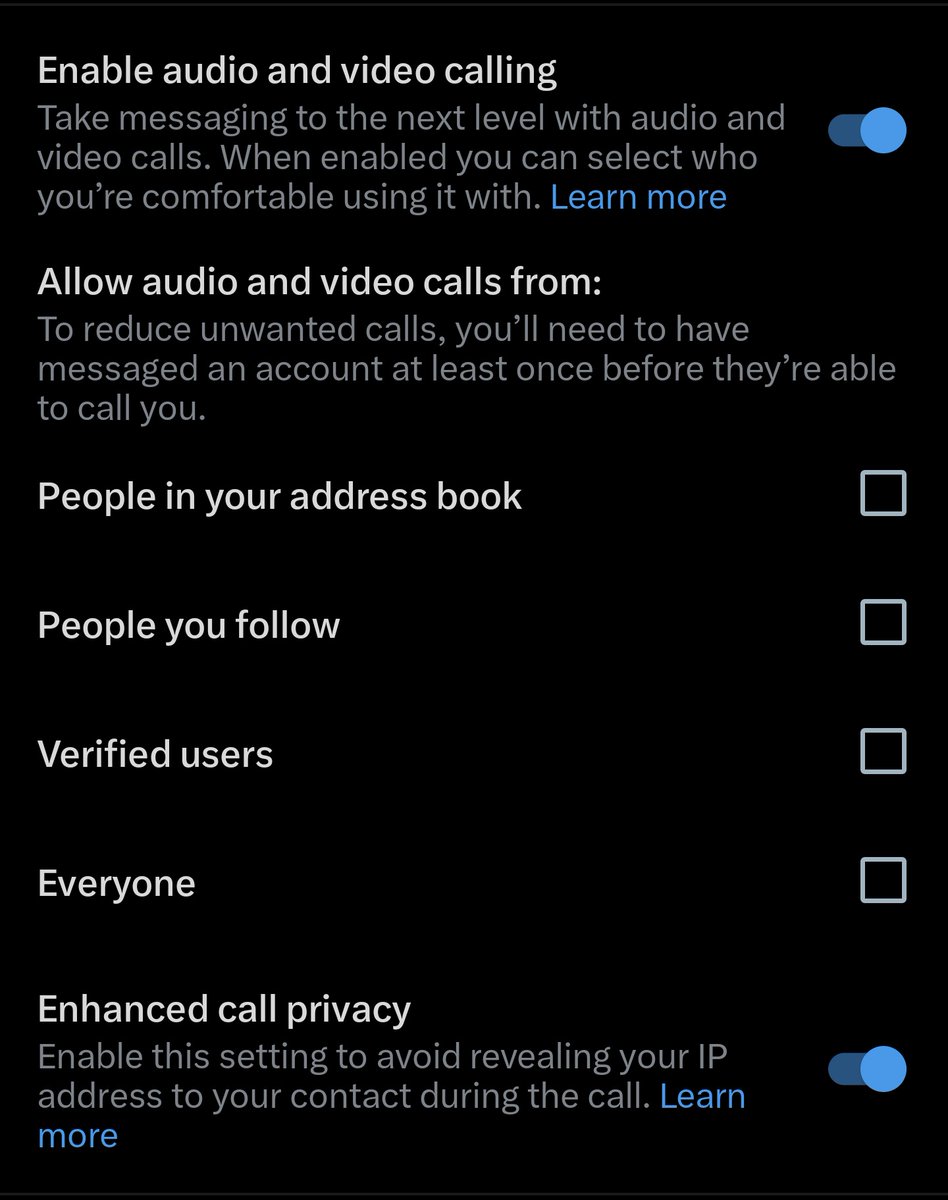 X's new voice calling feature leaks your IP address by default. Threat actors can obtain any user's IP address just by initiating a call. X enabled the feature for all accounts last week. To fix: Settings ➡️ Privacy & Security ➡️ Direct Messages ➡️ Enhanced Call Privacy