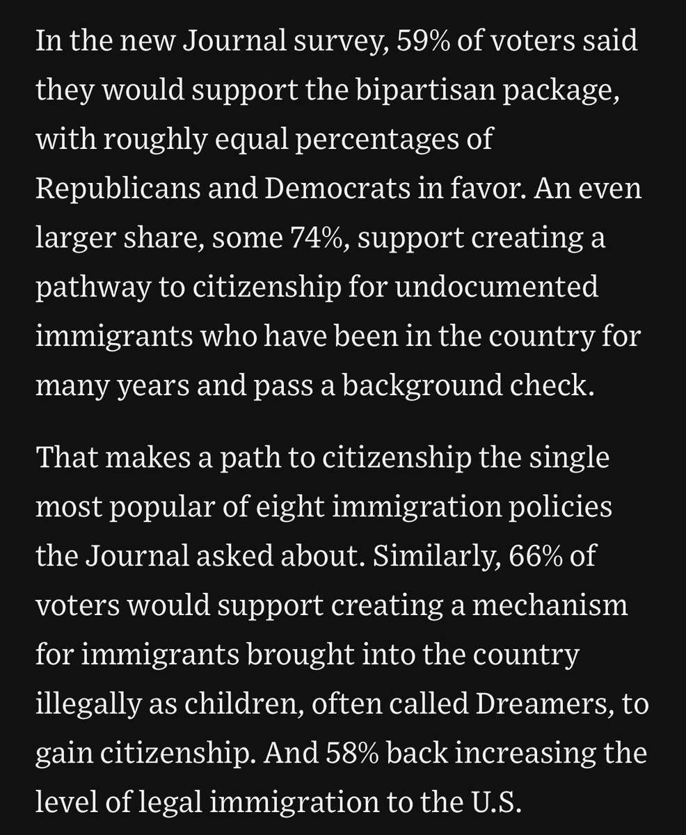 A pathway to citizenship is extremely popular, according to a new WSJ poll. A fascinating deep dive from @MHackman and @aaronzitner into what voters really think about immigration. The takeaway: they want compromise. wsj.com/politics/polic…