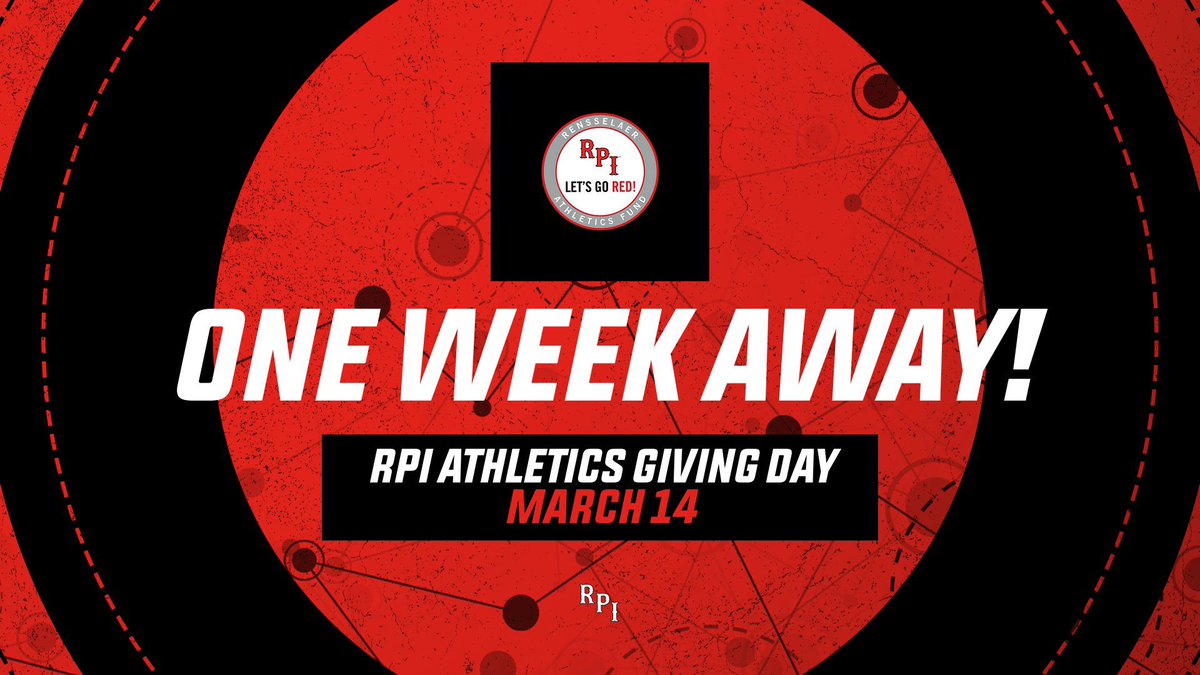 ONE WEEK AWAY! 🎯 Join us on March 14 as we celebrate 🥧 day with our annual #LetsGoRed Athletics Giving Day! Help us reach our goals as we make strides in supporting our programs & student athletes! DONATE ➡️ givingday.rpi.edu/letsgored Link live at midnight of March 14th! 🔴…