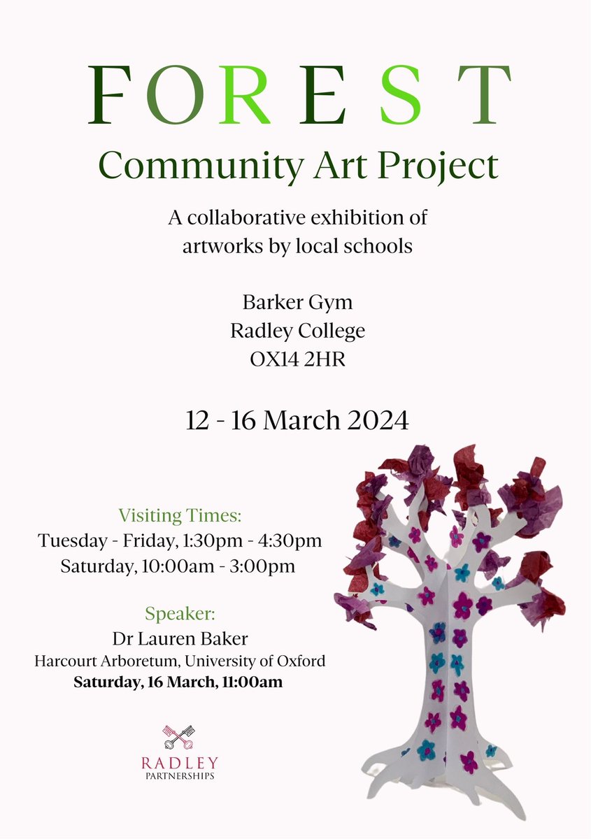 We are excited to announce our speaker for next week's Forest Community Art Project! 🌳 On Saturday 16 March we will be joined by Dr Lauren Baker from <a href="/OBGHA/">University of Oxford Botanic Garden and Arboretum</a> - all welcome! <a href="/RadleyLinks/">Radley College Partnerships</a> <a href="/RadleyArtDept/">Radley Art</a>